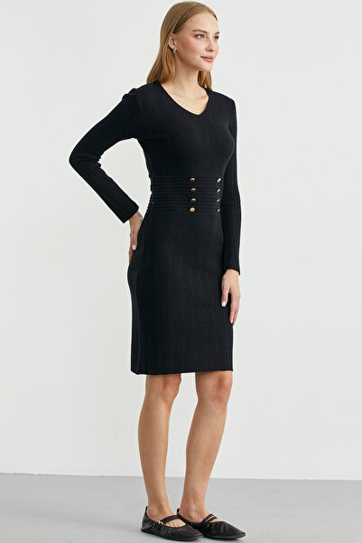 Sementa Düğme Detaylı V Yaka Triko Elbise - Siyah