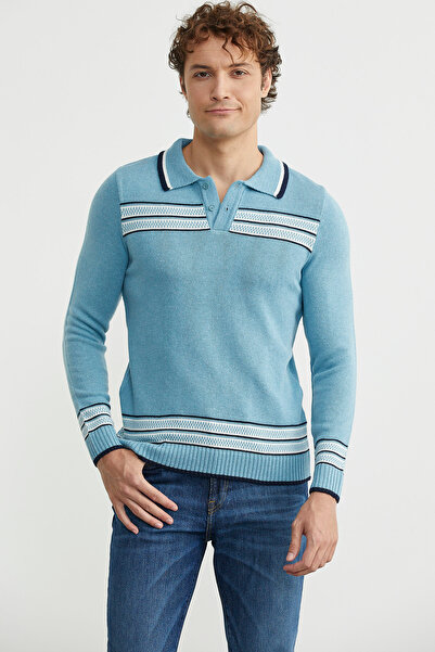 Sementa Polo Neck Kilim Patterned Knitwear Sweater - Light Blue