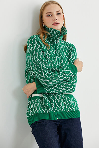 Sementa Çift Renk Kalın Yünlü Triko Hırka - Yeşil