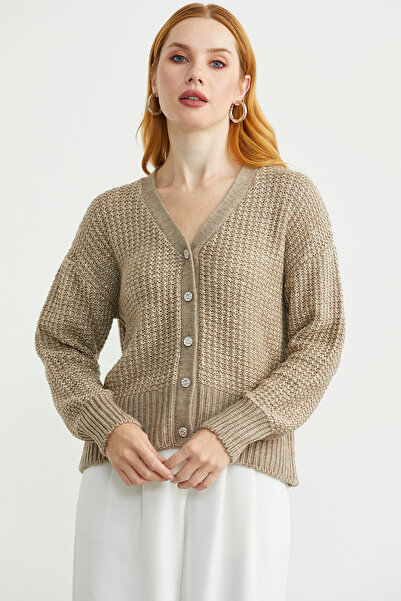 Sementa Payet Detaylı Yünlü Triko Hırka - Koyu Bej