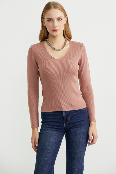 Sementa Fitilli Basic V Yaka Triko Kazak - Gül