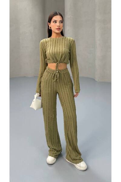 MY DEPO Women's Waist Tie Crop Pants Set