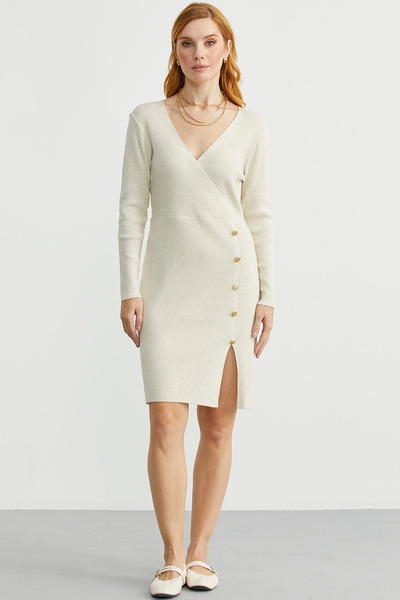 Sementa Kruvaze Düğme Detaylı Triko Elbise - Taş