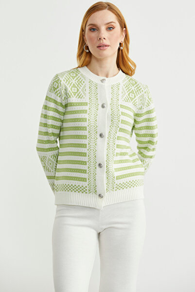 Sementa Metal Düğmeli Çizgili Yünlü Triko Hırka - Kemik