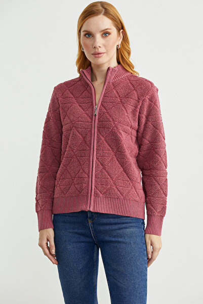 Sementa Geometric Patterned Zippered Wool Knit Cardigan - Rose