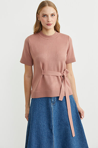 Sementa Kuşaklı Kısa Kol Triko Kazak - Gül