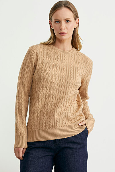 Sementa Sıfır Yaka Motif Detaylı Triko Kazak - Kamel