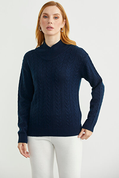 Sementa سترة صوفية بياقة عالية - أزرق داكن