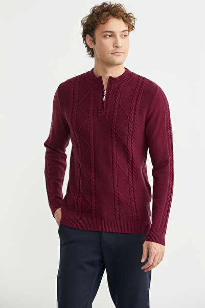 Sementa Half Zipper Stand Collar Knit Sweater - Burgundy