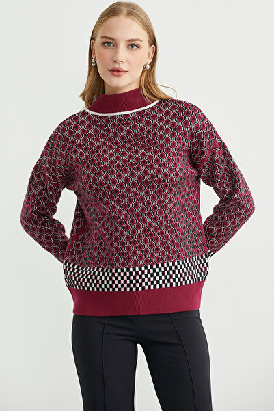Sementa Yarım Balıkçı Renk Motifli Triko Kazak - Bordo