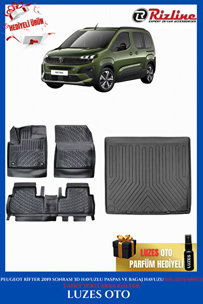 Rizline Peugeot Rifter 3D Havuzlu Paspas 3 ADET TEKLİ ARKA KOLTUK ve Bagaj Ha...
