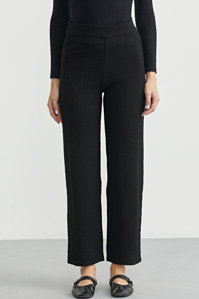 Sementa Yanı Motifli Rahat Kalıp Triko Pantolon - Siyah