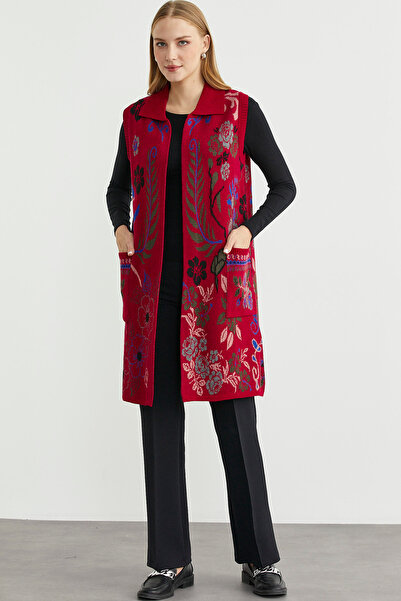 Sementa Кольоровий вовняний довгий трикотажний жилет з квітковим мотивом - червоний