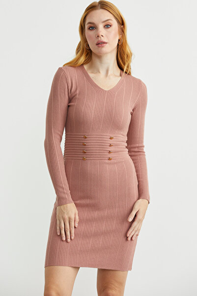 Sementa Button Detailed V-Neck Knitwear Dress - Rose