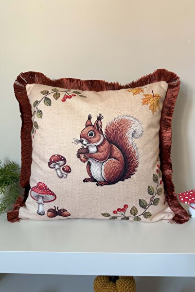 decofav غطاء وسادة مزين بشراشيب بتصميم سنجاب، تأثير تطريز ثلاثي الأبعاد، مطبو...