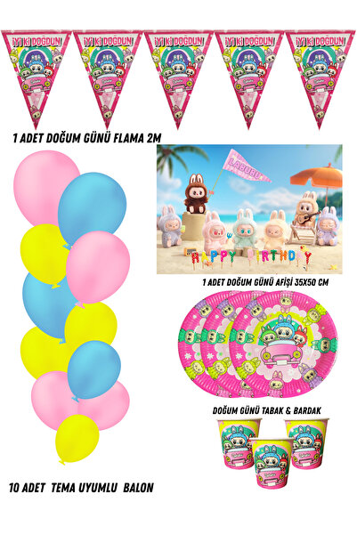 HAPPYLOOPPARTY Labubu Lafufu 8 Kişilik Doğum Günü Parti Malzemeleri Süsleri P...