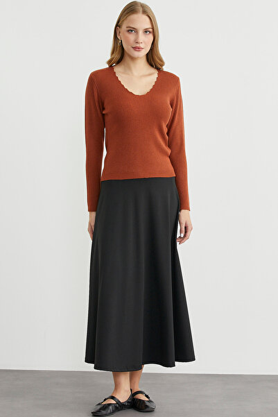 Sementa Fitilli Basic V Yaka Triko Kazak - Kiremit