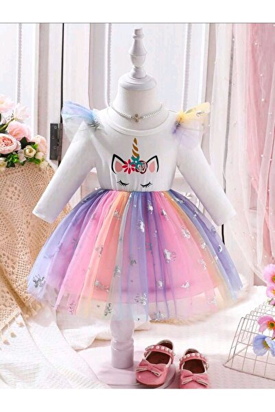 OEM Girls' dress with unicorn and multicolored tulle, 9-12 months, 74-80 cm