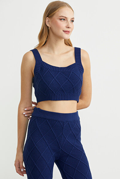 Sementa Cotton Crop Pants Knitwear Set - Navy Blue