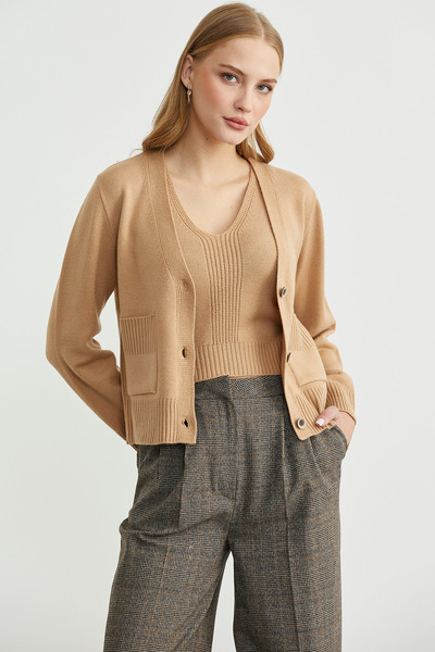 Sementa Knitwear Cardigan Crop Double Set - Camel