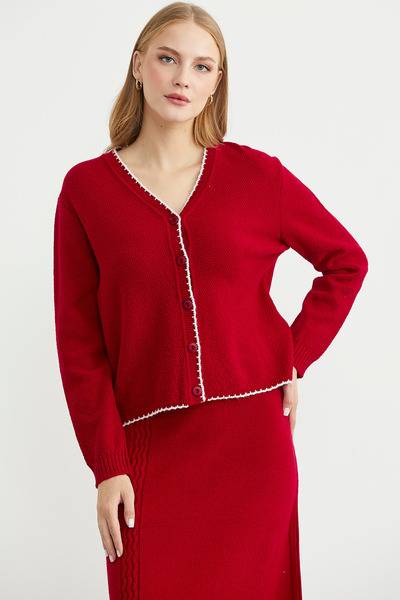 Sementa Flared Skirt Cardigan Knitwear Set - Red