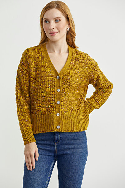 Sementa Payet Detaylı Yünlü Triko Hırka - Hardal