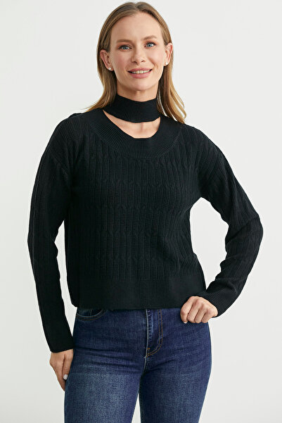 Sementa Saç Örgü Basic Dik Yaka Triko Kazak - Siyah