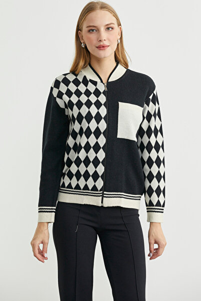 Sementa Zippered Diamond Motif Knitwear Cardigan - Stone