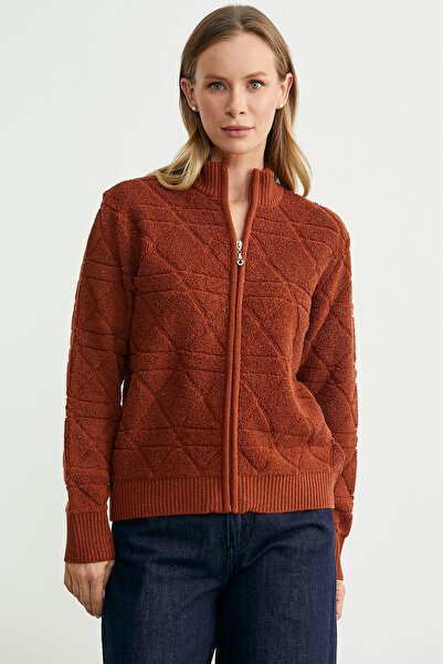 Sementa Geometric Patterned Zippered Wool Knit Cardigan - Tile