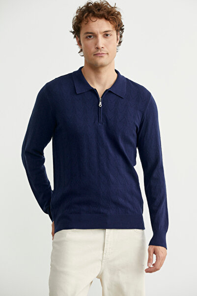 Sementa Zippered Polo Neck Knitwear Sweater - Navy Blue