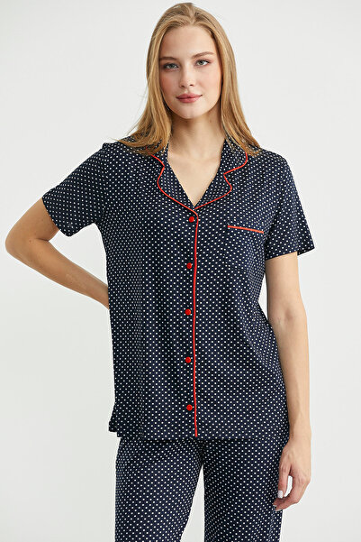 Sementa Buttoned Polka Dot Patterned Shirt Pajama Set - Navy Blue
