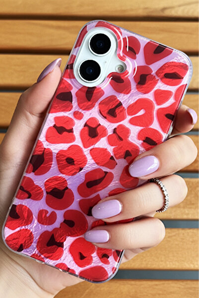 EDELFU iPhone 16 Aurora Kırmızı Leopar Desenli Parlak Canlı Yanları Yumuşak A...