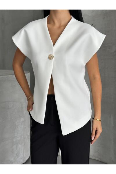 aytenli V-Neck Bat Sleeve Single Button Lined Asymmetric Cut Oversize Double Vest