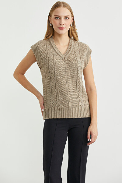 Sementa Wool V-Neck Knit Sweater - Dark Beige