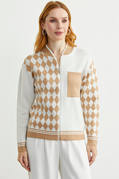 Sementa Zippered Diamond Motif Knitwear Cardigan - Camel