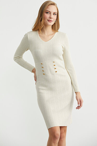 Sementa Düğme Detaylı V Yaka Triko Elbise - Taş