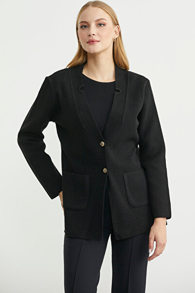 Sementa Μάλλινο πλεκτό μπουφάν με λεπτομέρεια τσέπης με κουμπιά - Μαύρο