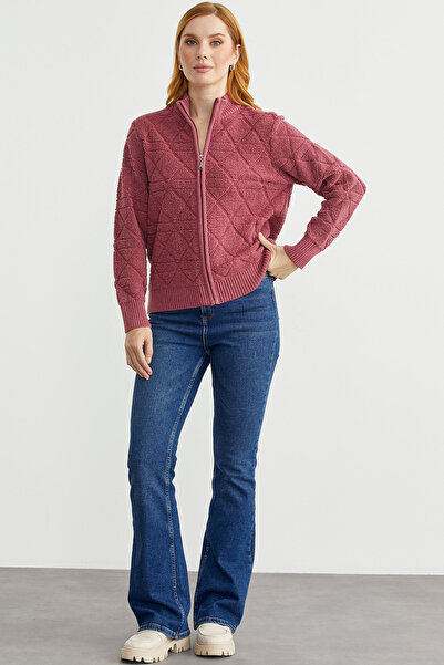 Sementa Geometric Patterned Zippered Wool Knit Cardigan - Rose