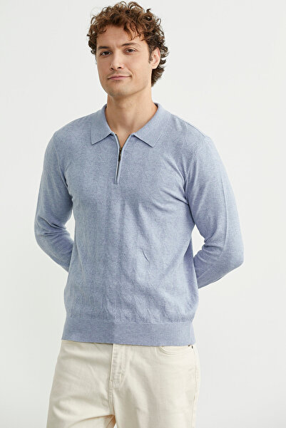Sementa Zippered Polo Neck Knit Sweater - Blue