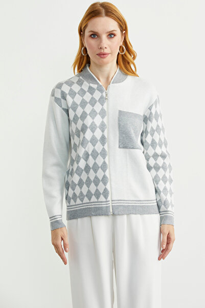 Sementa Zippered Diamond Motif Knitwear Cardigan - Gray