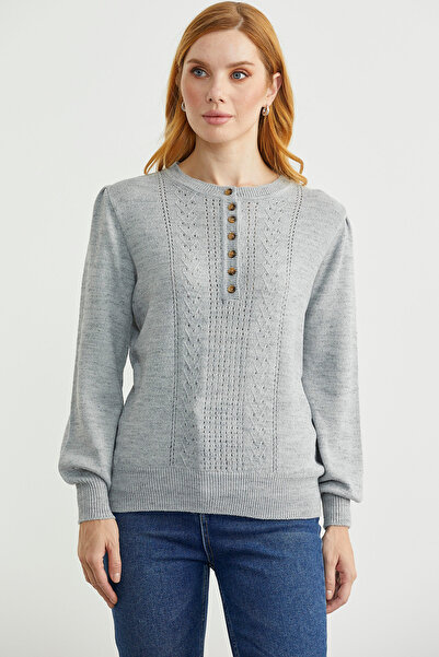 Sementa Half Button Round Neck Knitwear Sweater - Light Gray