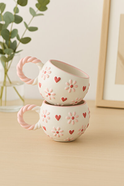 İZart 2'Li Knitted Handle Bubble Pink Daisy Patterned Special Embossed Handmade Ceramic Mug
