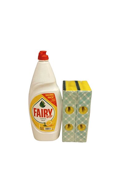 Fairy سائل غسيل الصحون فيري برائحه الليمون. حجم 1.25لتر + هديه اسفنج لتنظيف الصحون مكونه من 6قطع