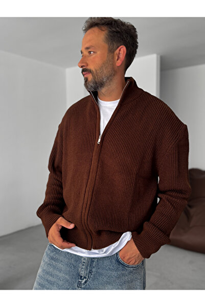 BYBASICMAN Καφέ πλεκτή ζακέτα με φερμουάρ PM-022