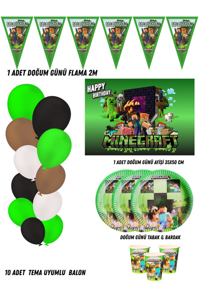 HAPPYLOOPPARTY MiNecRaFt pribor za rođendansku proslavu za 8 osoba, dekoracij...
