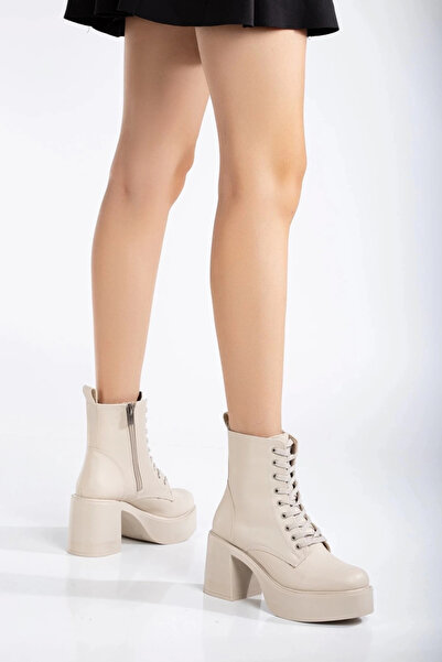 MFT AYAKKABI Γυναικείες μπότες με τακούνι με κορδόνια μπεζ