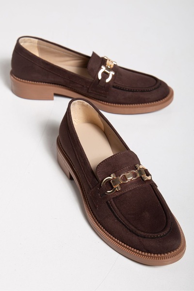 derim shoes Brown Women's Faux Leather Suede Loafer Shoes – Chain Detail