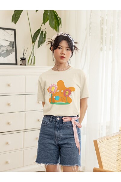 ArtYus تي شيرت نسائي/بناتي بأكمام قصيرة وياقة دائرية مطبوع عليه زهور الأقحوان...