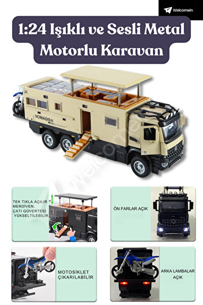 welcomein 1:24 Karavan Model Araç Çek Bırak Sesli Işıklı Açılır Tavan Merdive...