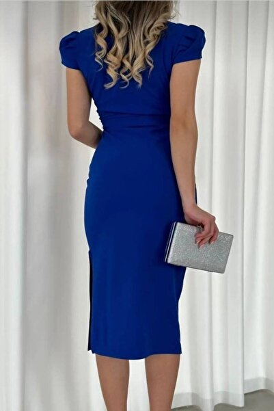 By BAYANA Yırtmaçlı Kuşaklı Kruvaze Yaka Kısa Kollu Elbise Davet Söz Nişan Düğün Söz Mezuniyet